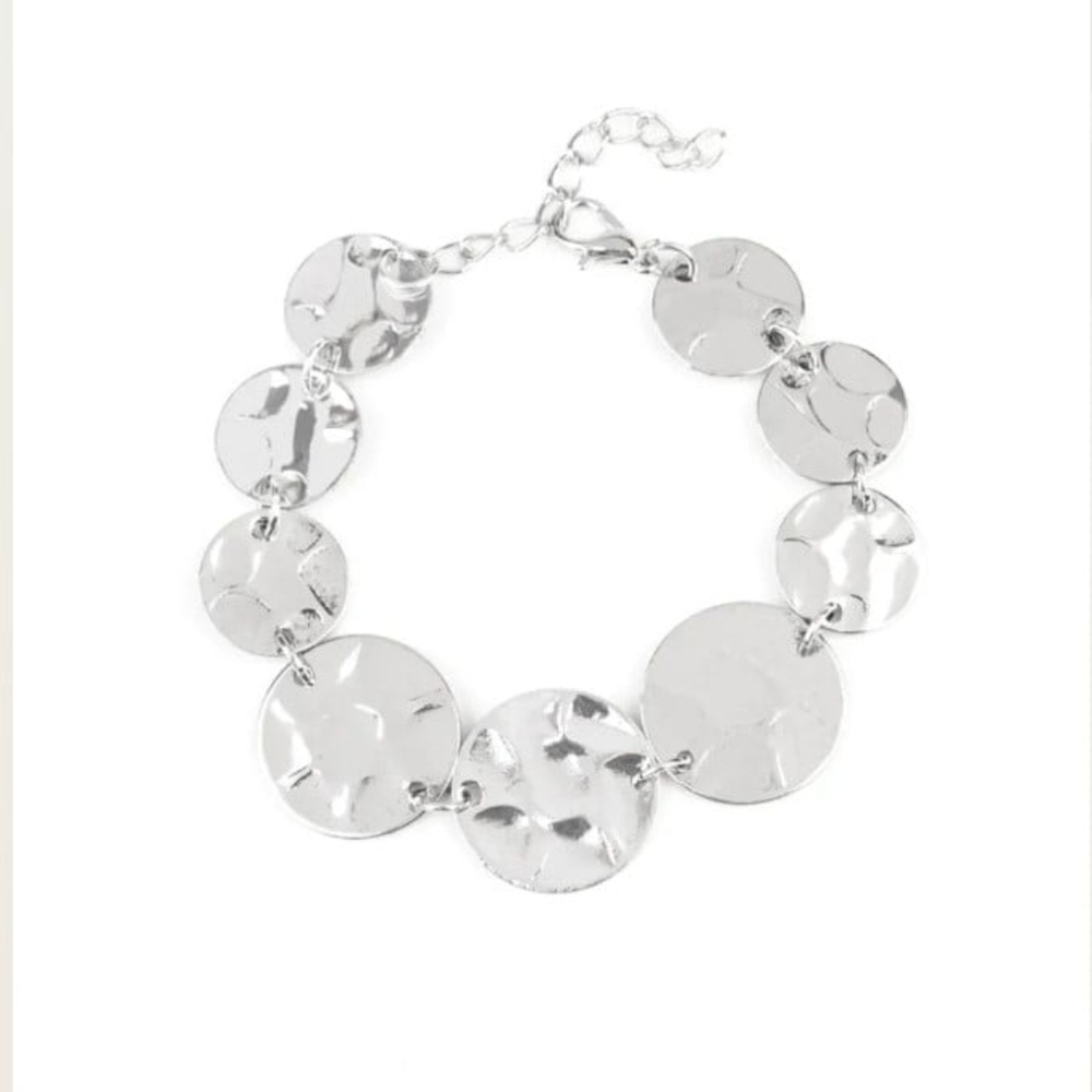 Rustic Reflections Hammered Paparazzi Shimmering Silver Disc Bracelet